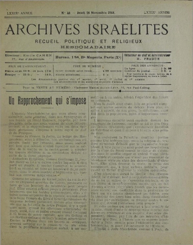 Archives israélites de France. Vol.79 N°48 (28 nov. 1918)